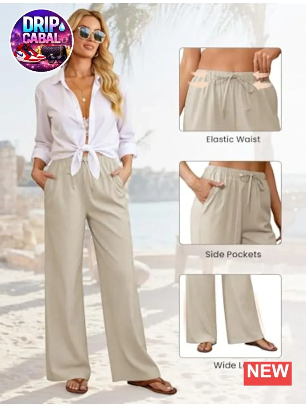Wide Leg Linen Pants for Women Drawstring Palazzo Trousers with Pockets
